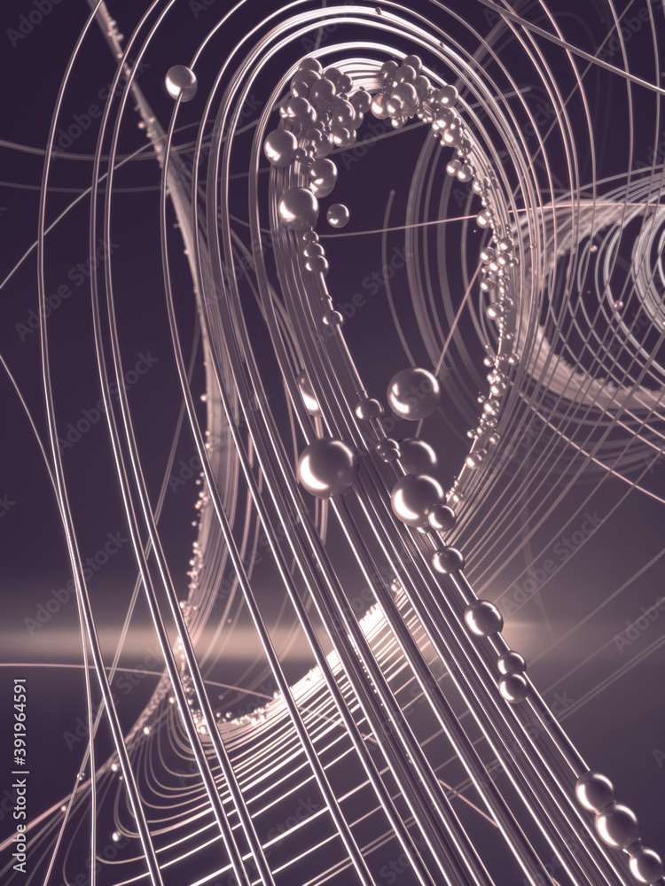 Poster weave luxury silver lines with shiny beads. astract composition. 3d rendering