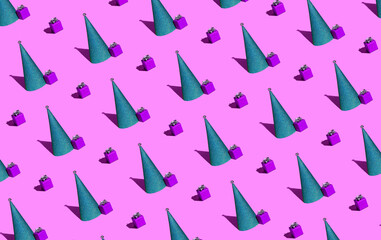 New Year, Christmas pattern in pop art style. Christmas tree in the form of a cone and a gift on a pink, lilac background