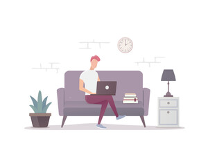 Fototapeta na wymiar Work and study at home. Flat illustration of home workplace. A person with a laptop works sitting on the sofa. Isolated on white background. 