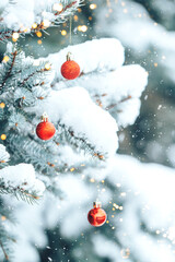 Red balls hang on a branch of a Christmas tree. Photo for greeting cards. Christmas mood. White...