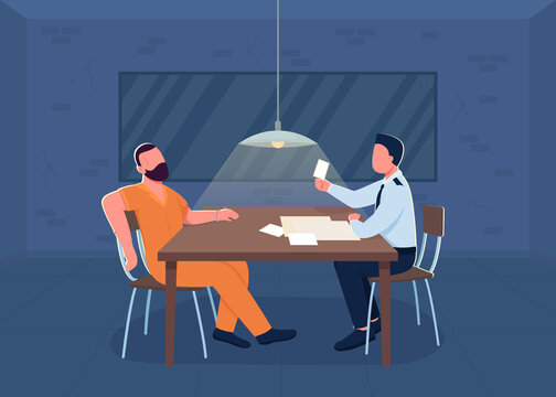 Police interrogation flat color vector illustration. Room for investigation. Cop interrogate suspect for confession. Policeman and prisoner 2D cartoon characters with department interior on background