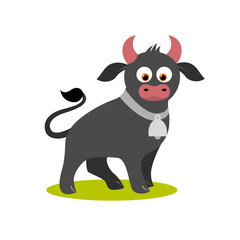 Isolated cartoon standing grey bull on white background. Colorful frendly bull. Animal funny personage. Flat design.