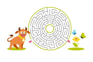 Round labyrinth with brown cartoon bull and flower on white background. Children maze. Game for kids. Children puzzle. Help the bull find the way to the flower. Flat design.