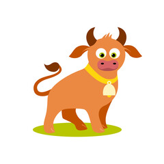 Obraz na płótnie Canvas Isolated cartoon standing brown bull on white background. Colorful frendly bull. Animal funny personage. Flat design.