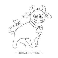 Isolated black outline cartoon standing bull on white background. Curve lines. Page of coloring book. Editable stroke.