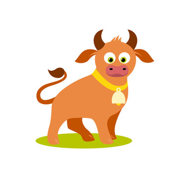Isolated cartoon standing brown bull on white background. Colorful frendly bull. Animal funny personage. Flat design.