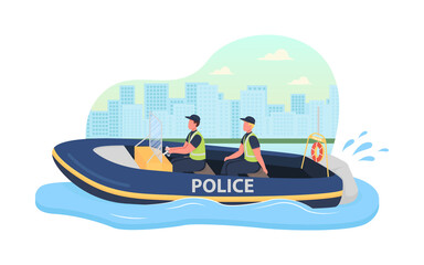 Police boat patrol 2D vector web banner, poster. Law enforcement. Marine officers flat characters on cartoon background. Special service vehicle printable patch, colorful web element