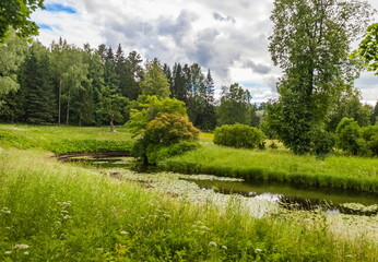 Fototapeta na wymiar Summer landscape in a city Park with trees, grass, river, sky with clouds