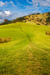 View of mounts Rabsztyn and Wysoki Wierch from Lesnicke sedlo. Pieniny Mountains in autumn, Slovakia.