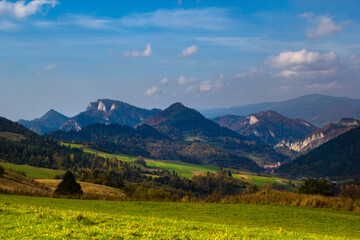 View of Three Crowns Massif and village Lesnica from Lesnicke Pass. Pieniny Mountains in autumn, Slovakia.