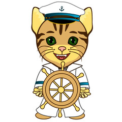 cool cat in a cap with an anchor and a sailor suit shirt stands and holds the helm in hands on on white isolated background