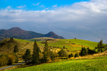 Lesnicke Pass at Vysoka mount background. Pieniny Mountains in autumn, Slovakia.