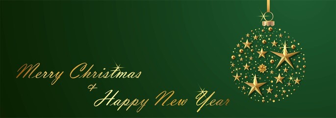 Green christmas background with gold stars and balls.