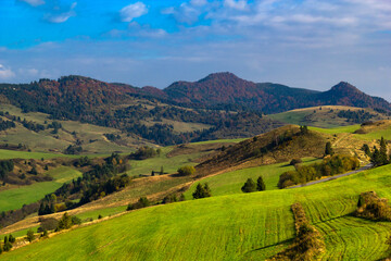 Lesnicke Pass at Vysoka mount background. Pieniny Mountains in autumn, Slovakia.