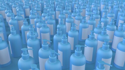 Obraz premium 3d render a lot of disinfectant bottles on a blue background
