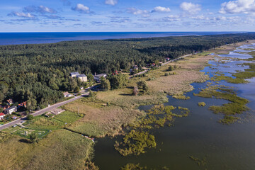 Fototapeta na wymiar Drone photo of Vistula Lagoon in Katy Rybackie village located on the Vistula Spit between lagoon and Baltic Sea in Pomerania region of Poland