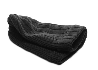 Black folded woolen hat for winter isolated on white background, head wear