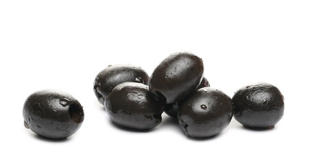 Black olives pile isolated on white background