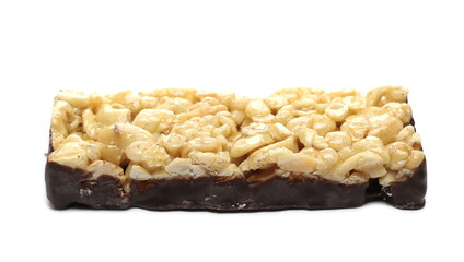Granola chocolate protein bar with peanuts, isolated on white background