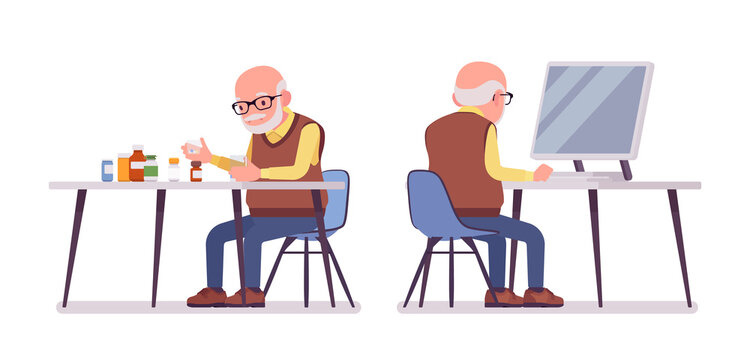 Old man, elderly person sorting medicines, pill bottles, pc working. Senior citizen, retired grandfather in glasses, old pensioner. Vector flat style cartoon illustration isolated on white background