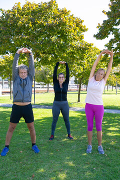 Positive sporty mature people doing morning exercise on park grass, stretching hands and bodies. Retirement or active lifestyle concept