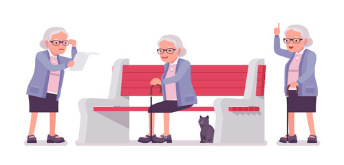 Old man, elderly person sitting on bench, reading paper. Senior citizen, retired grandmother wearing glasses, old age pensioner. Vector flat style cartoon illustration isolated on white background