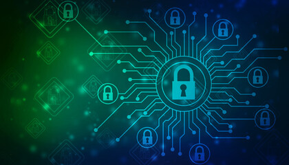 Fototapeta premium Closed Padlock on digital background, Technology security concept. Modern safety digital background. Lock Protection system, Cyber Security and information or network protection