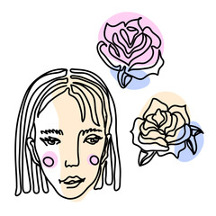 Girl hand drawn one continuous line face with rose flowers