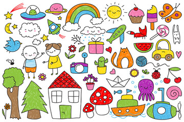 Collection of cute children's doodle of various animals, objects, kids and nature elements.
