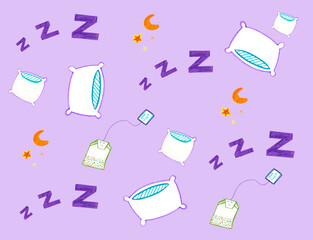 Felt style dodo time to sleep with moon, star, pillow, zzz icons and tea bag  © Meo