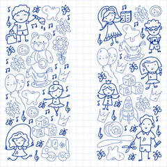 Vector pattern. Kindergarten and toys. Little children game. Kids playground. Education, creativity, imagination.