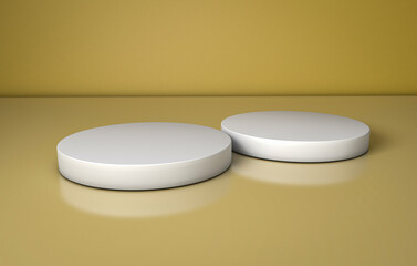 3D Illustration of two round pedestals with one in foreground and the other in the background on a golden surface. Ideal for showcasing products