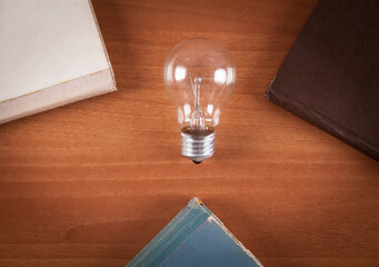 Knowledge and wisdom, light bulb and books.