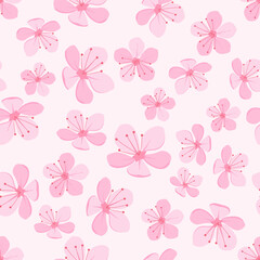 Seamless pattern with pink cherry blossoms on pale pink background vector illustration. Japanese Sakura flower.