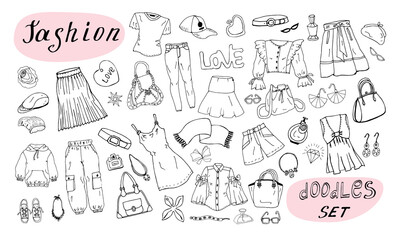 Hand drawn set of fashionable clothes shoes and accessories. Set of doodles of clothes, bags and shoes. Fashion sketches. Jewelry collection. Casual style. Fashion doodles. Clothes sketches.