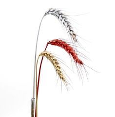 Ears of wheat colored red, silver and gold on a white background