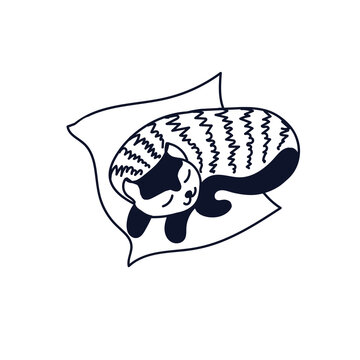 Black and white doodle of sleeping striped cat lies on a pillow isolated on white background. Cozy mood collection, For cards, posters, stickers and baby textile or home design.