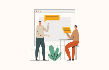 Online Education Flat Vector Illustration. School, e-learning, courses, webinar from home with laptop.