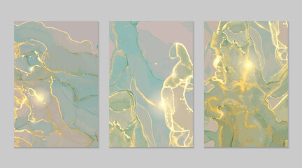 Mint, grey, gold marble abstract backgrounds. Set of alcohol ink technique vector stone textures. Modern paint in natural colors with glitter. Template for banner, poster design. Fluid art painting