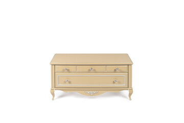 vintage chest of drawers in classic style with carved elements vanilla color on a white background
