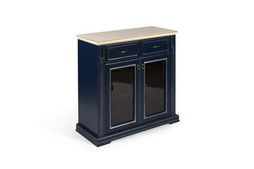 vintage chest with glass doors in classic style with carved elements navy color on a white background