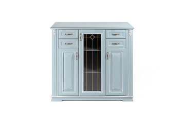 vintage chest of drawers in classic style with carved and glass elements sky blue  color on a white background