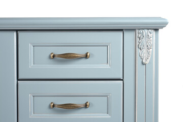vintage chest of drawers in classic style with carved and glass elements sky blue  color on a white background