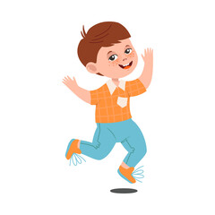 Funny Boy with Freckles Wearing Jeans Jumping with Joy and Excitement Vector Illustration