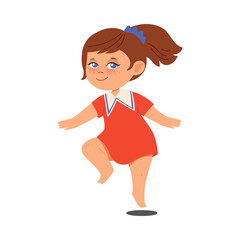 Cheerful Girl with Freckles and Dark Hair Jumping with Joy and Excitement Vector Illustration