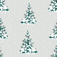 Seamless pattern of drawn christmas tree on snowy december