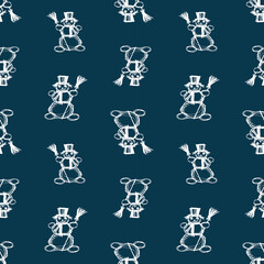 Seamless pattern of outlines cheerful snowmen with brooms