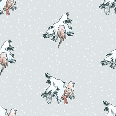Obraz premium Seamless pattern of sketches finches and goldfinches on fir branches in winter forest