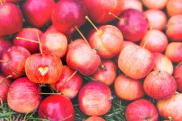 Background of many ripe red crab apples, one Apple has a heart cut out on it.