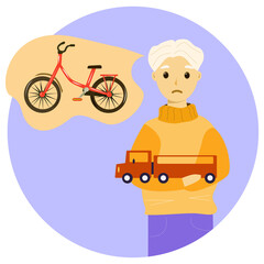 A boy with a truck in his arms dreams of a Bicycle